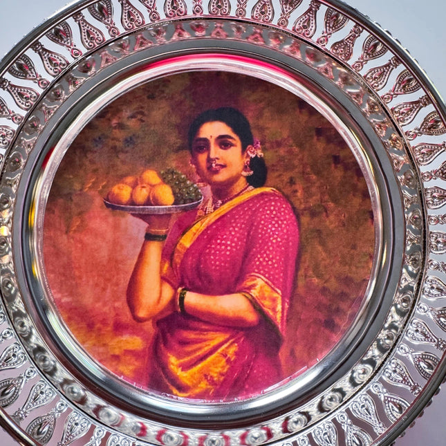 Silver Plated RaviVarma Painting Inspired Tray 8in